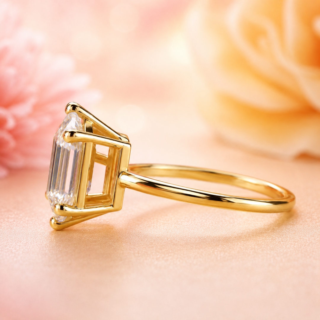 Hexagon Step Cut Lab Grown Diamond Solitaire Engagement Ring in Yellow Gold