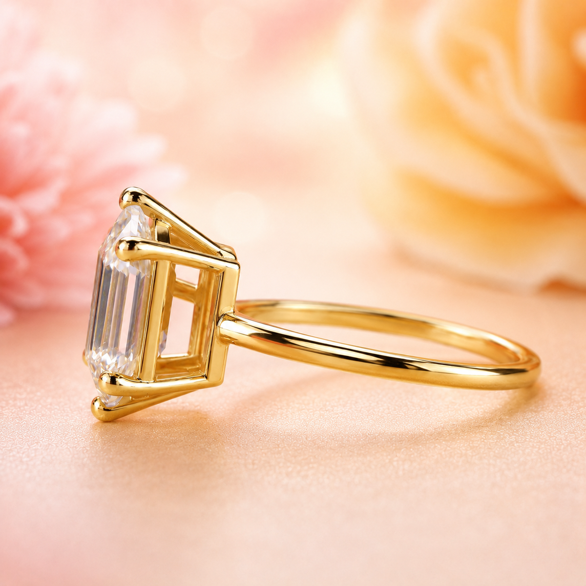Hexagon step cut lab grown diamond solitaire engagement ring in yellow gold