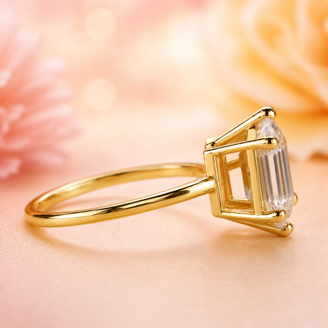 Hexagon Step Cut Lab Grown Diamond Solitaire Engagement Ring in Yellow Gold
