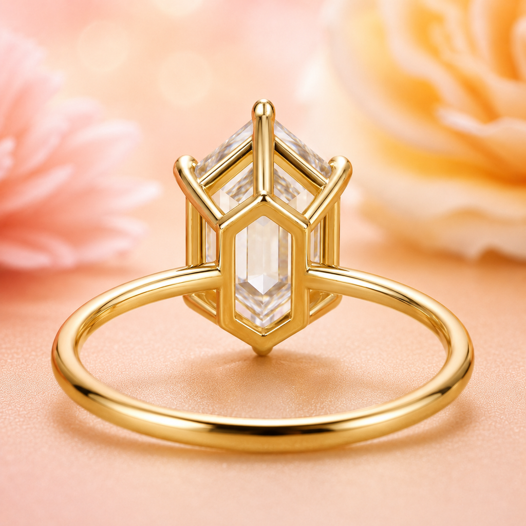 Hexagon Step Cut Lab Grown Diamond Solitaire Engagement Ring in Yellow Gold