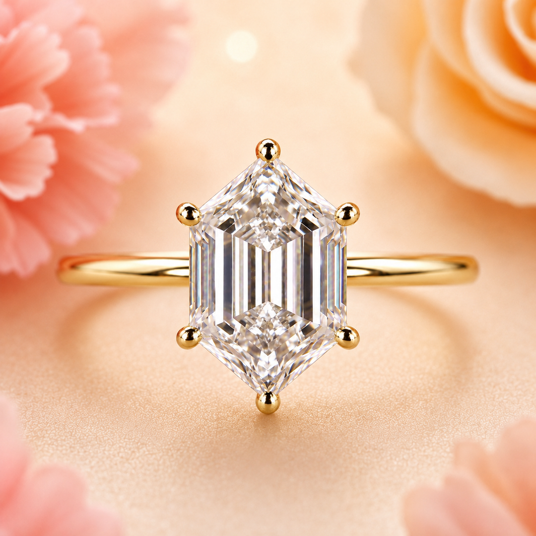 Hexagon Step Cut Lab Grown Diamond Solitaire Engagement Ring in Yellow Gold