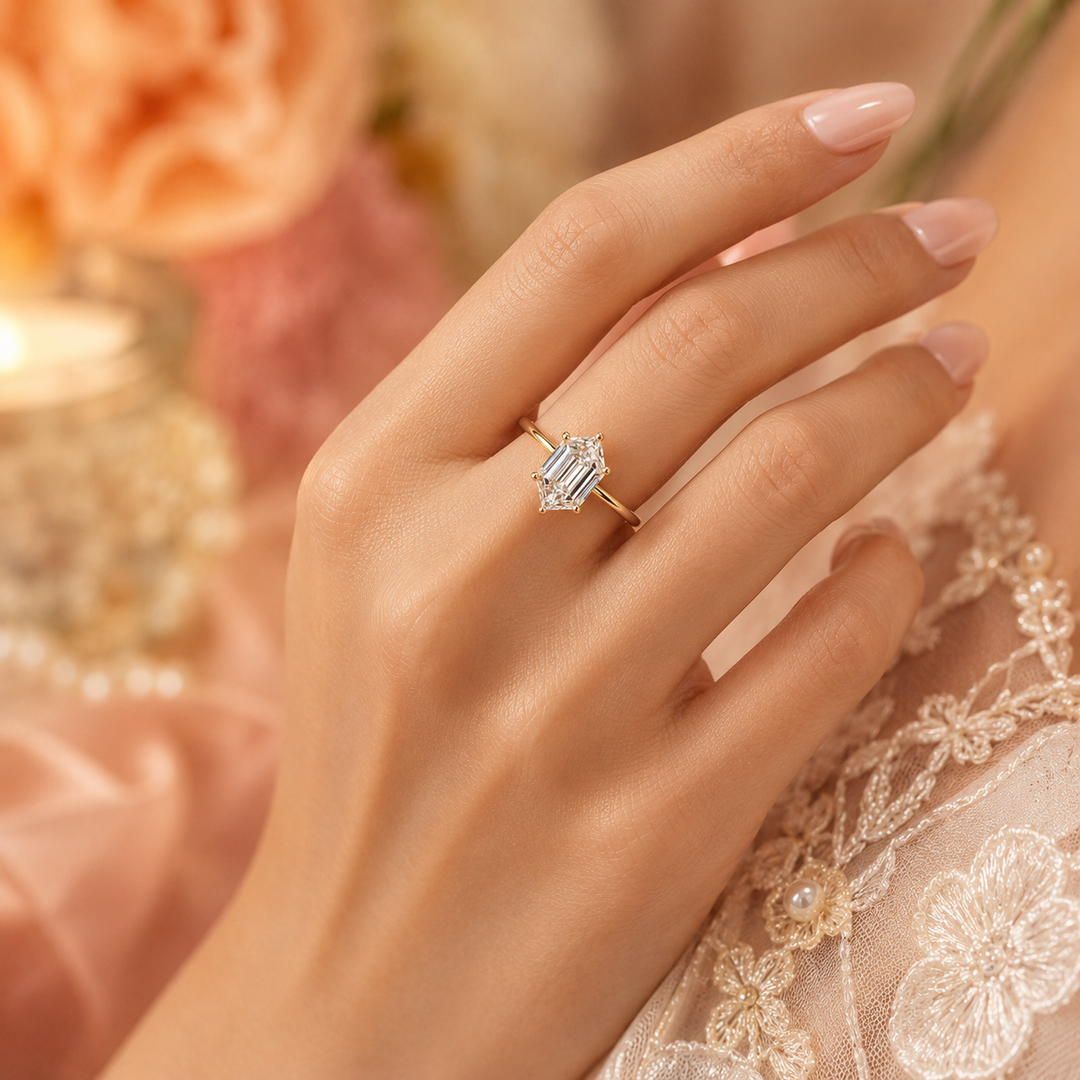 Hexagon Step Cut Lab Grown Diamond Solitaire Engagement Ring in Yellow Gold