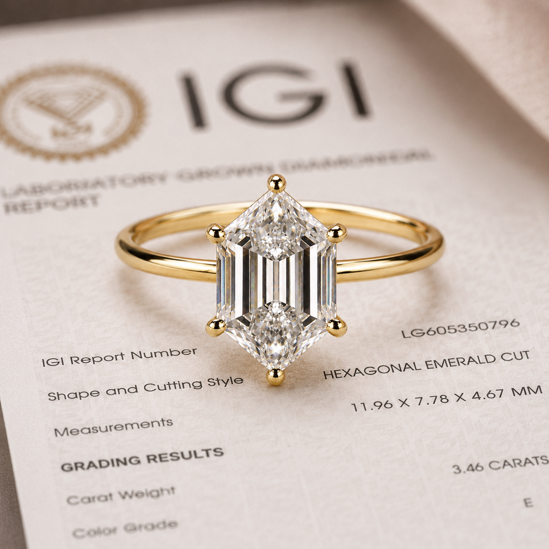 Hexagon Step Cut Lab Grown Diamond Solitaire Engagement Ring in Yellow Gold