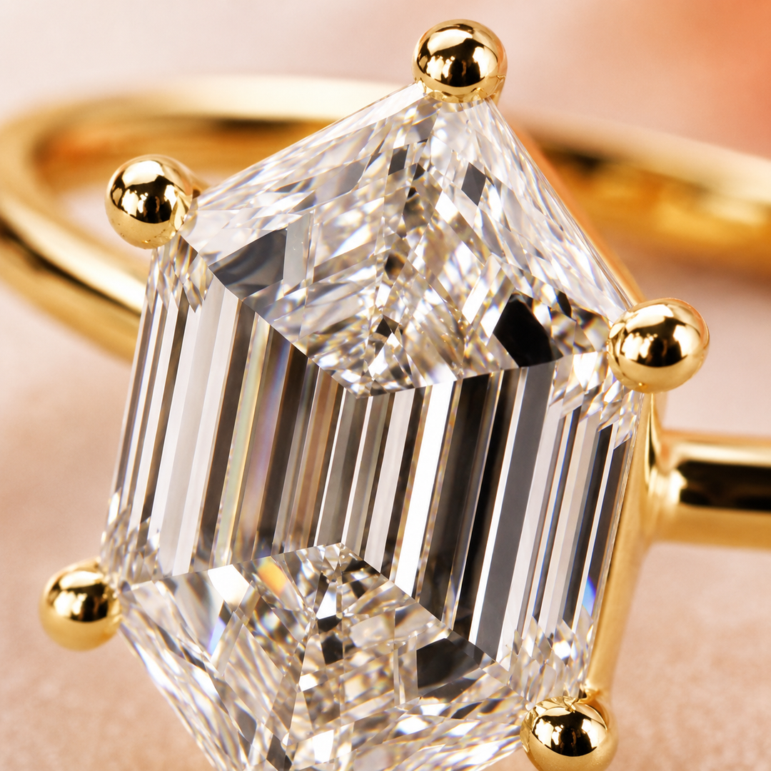 Hexagon Step Cut Lab Grown Diamond Solitaire Engagement Ring in Yellow Gold