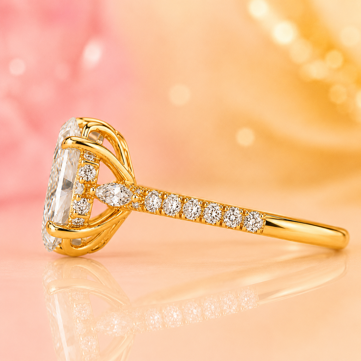 Marquise cut diamond ring in muse setting in yellow gold
