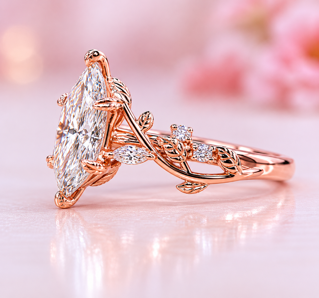 Nature Inspired Engagement Ring with Dutch Marquise Diamond in Rose Gold