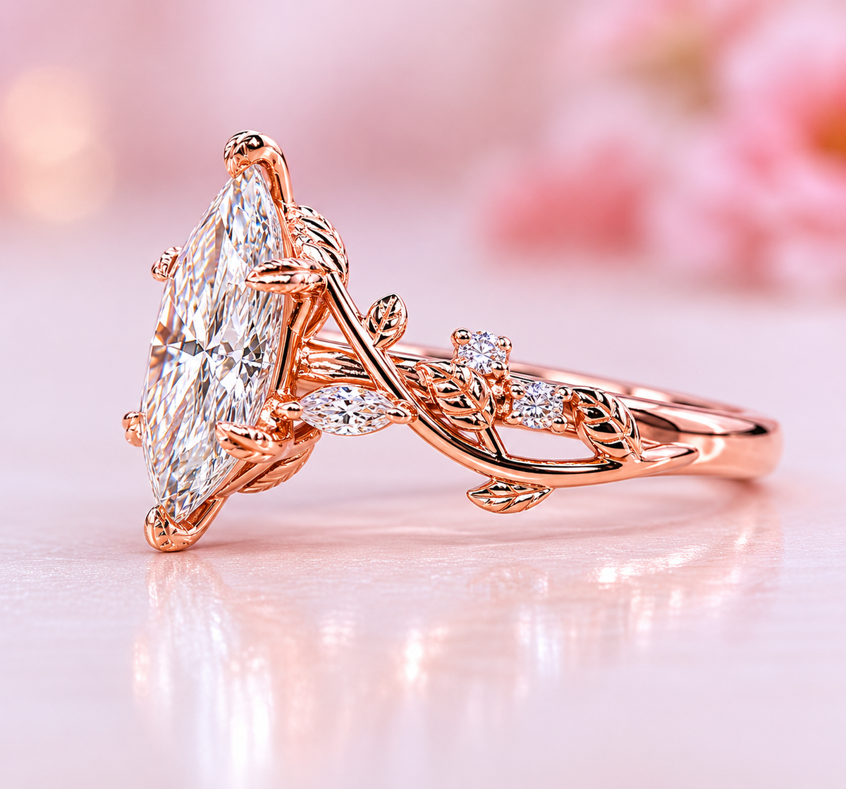 Nature inspired engagement ring with dutch marquise diamond in rose gold