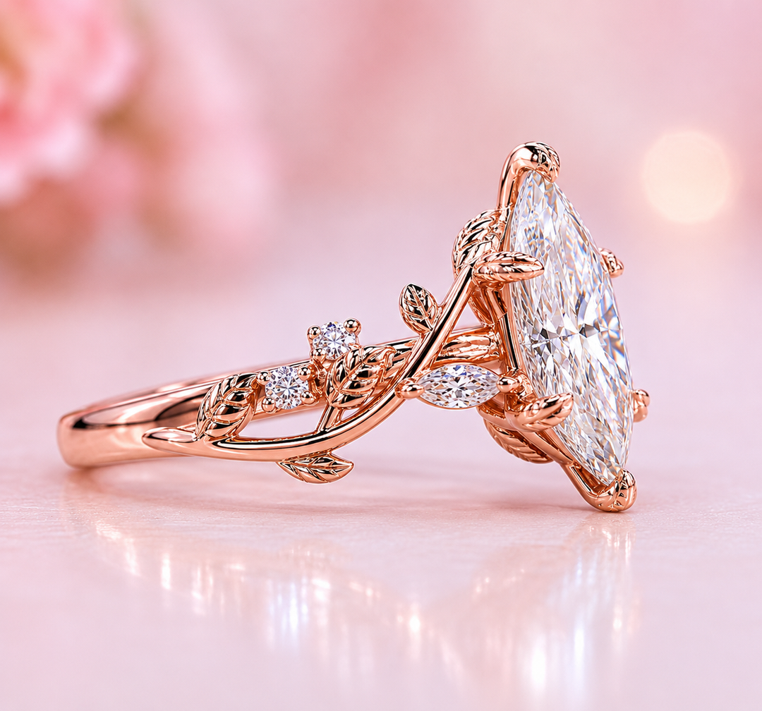 Nature Inspired Engagement Ring with Dutch Marquise Diamond in Rose Gold