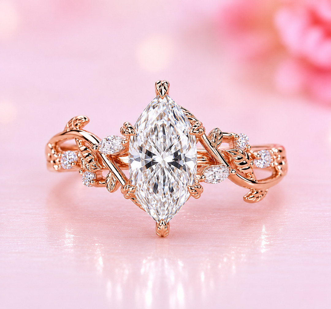 Nature Inspired Engagement Ring with Dutch Marquise Diamond in Rose Gold
