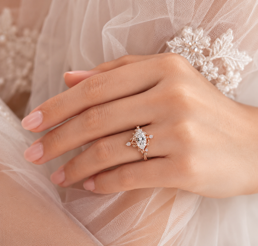 Nature Inspired Engagement Ring with Dutch Marquise Diamond in Rose Gold