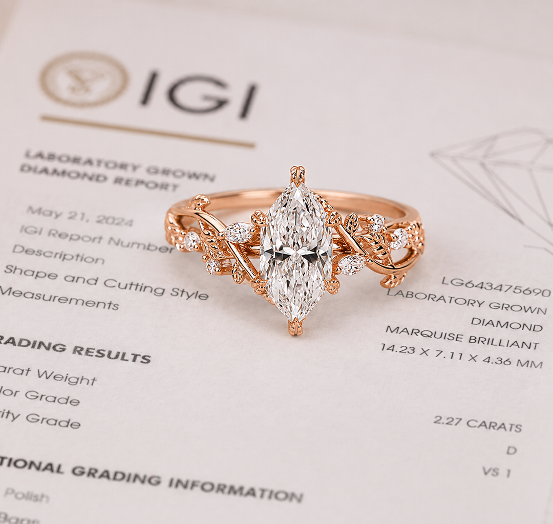 Nature Inspired Engagement Ring with Dutch Marquise Diamond in Rose Gold