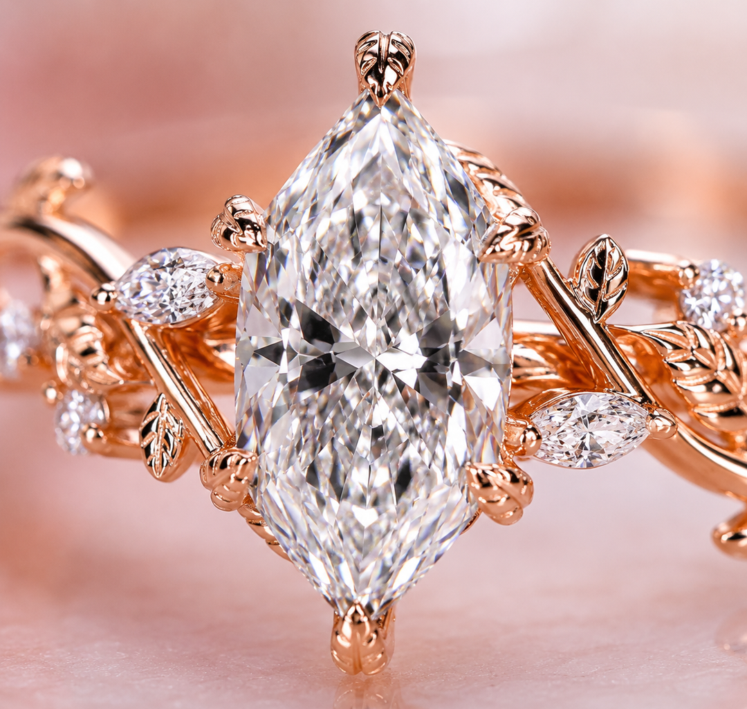 Nature Inspired Engagement Ring with Dutch Marquise Diamond in Rose Gold