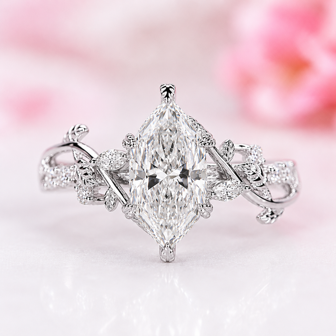 Nature Inspired Engagement Ring with Dutch Marquise Diamond in White Gold