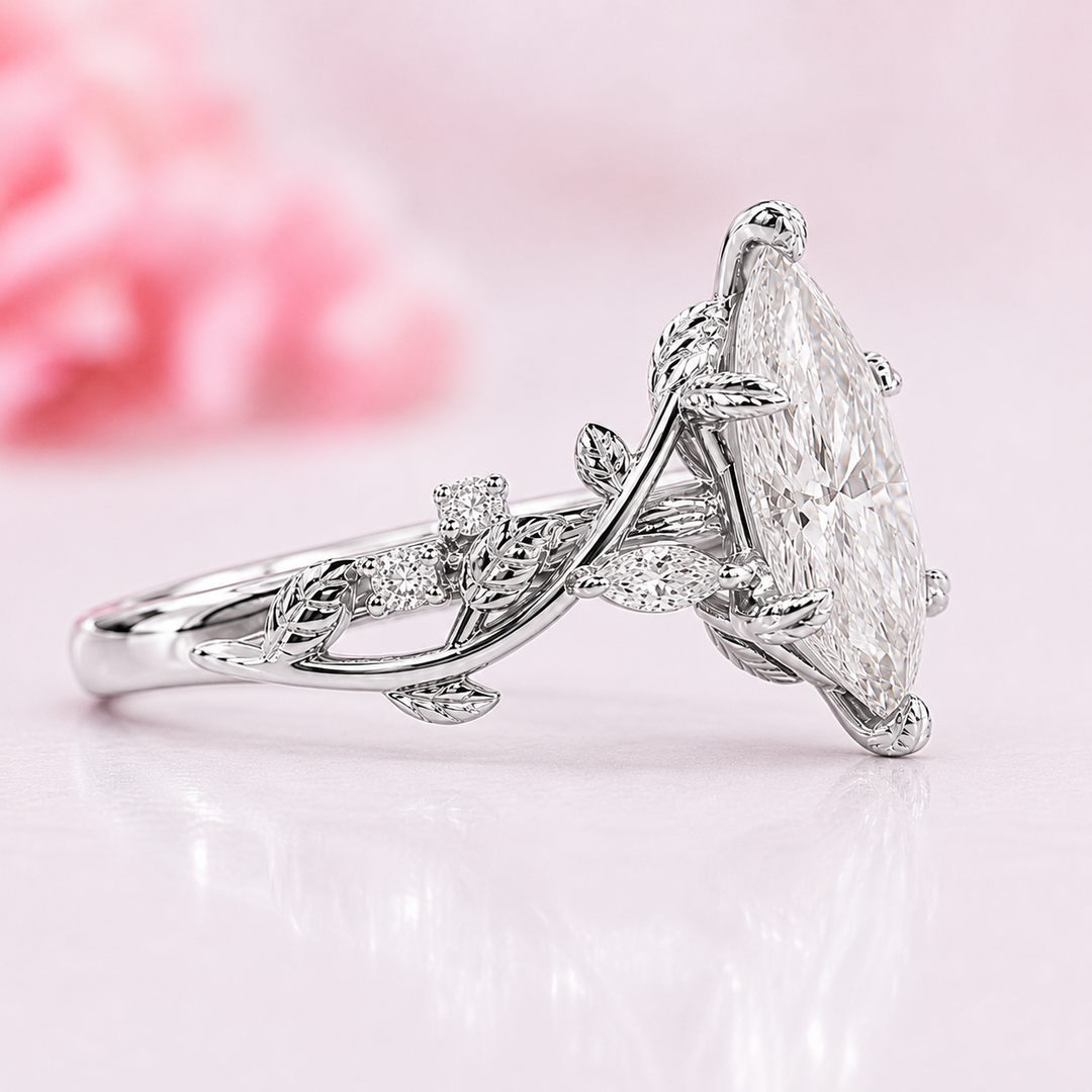 Nature Inspired Engagement Ring with Dutch Marquise Diamond in White Gold