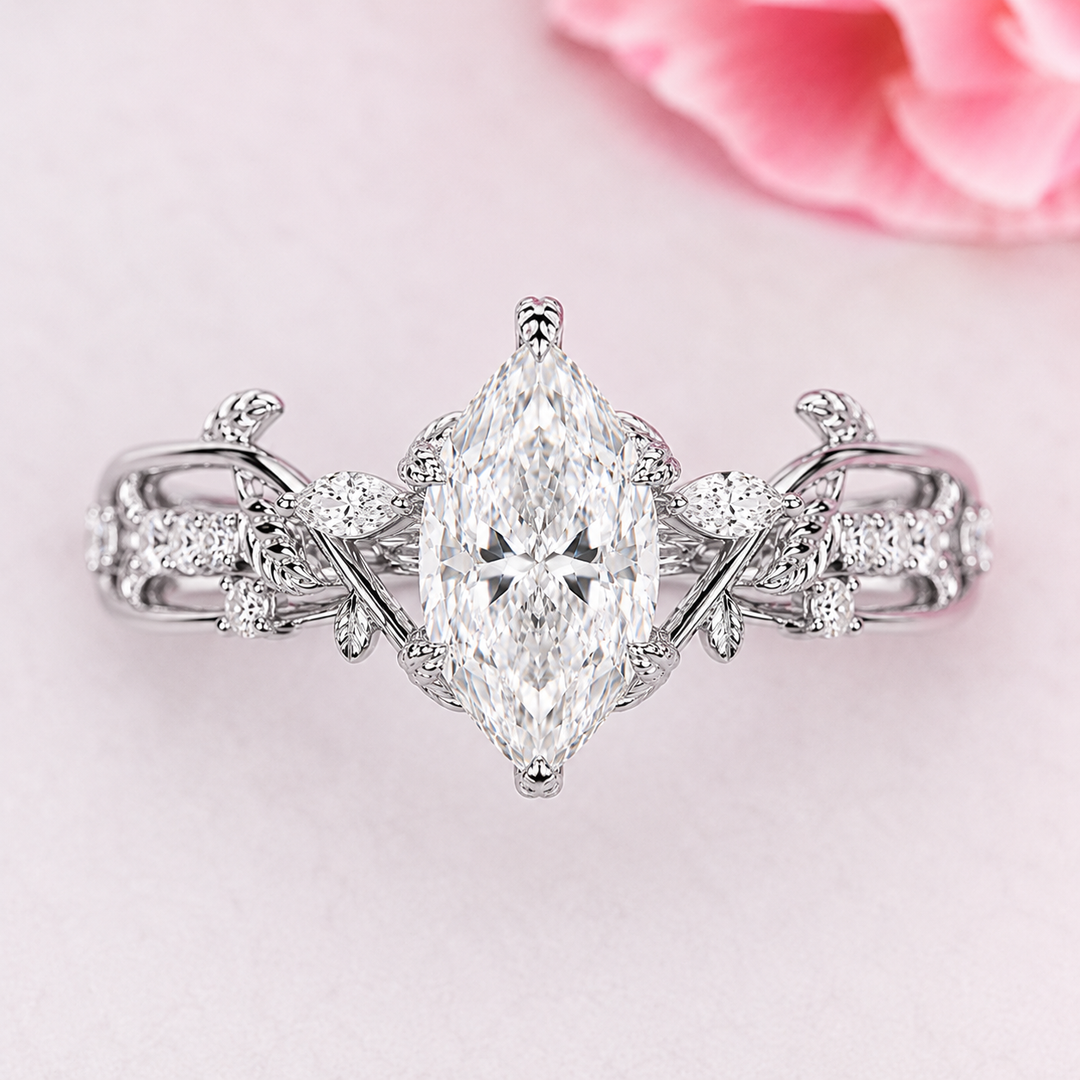 Nature Inspired Engagement Ring with Dutch Marquise Diamond in White Gold