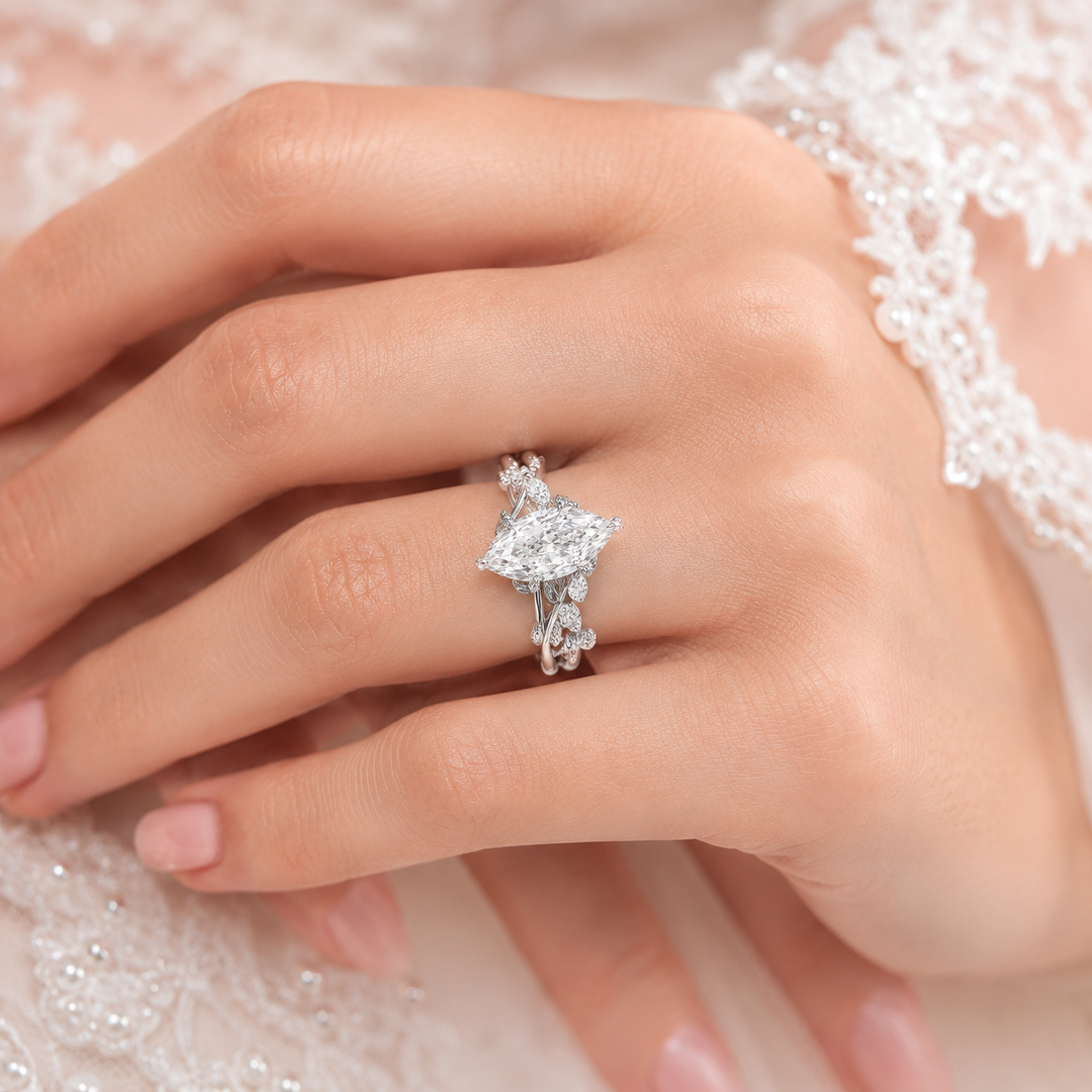 Nature Inspired Engagement Ring with Dutch Marquise Diamond in 925 Sterling Silver