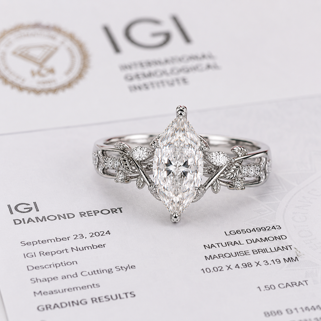 Nature Inspired Engagement Ring with Dutch Marquise Diamond in 925 Sterling Silver