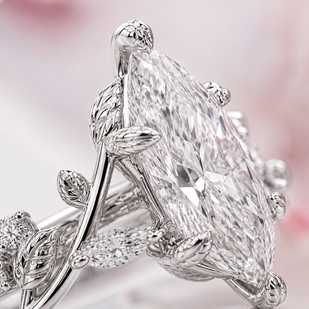 Nature Inspired Engagement Ring with Dutch Marquise Diamond in White Gold