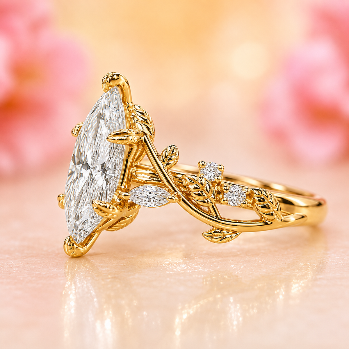 Nature inspired engagement ring with dutch marquise diamond in yellow gold