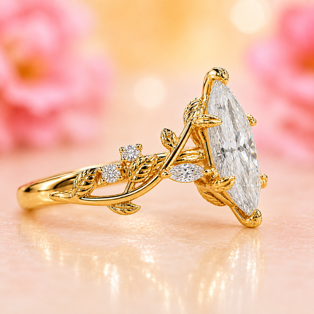Nature Inspired Engagement Ring with Dutch Marquise Diamond in Yellow Gold