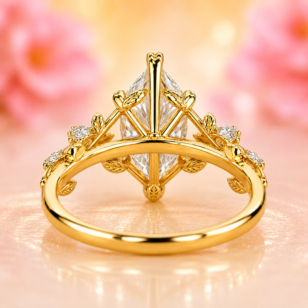 Nature Inspired Engagement Ring with Dutch Marquise Diamond in Yellow Gold