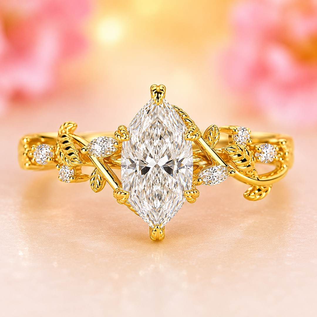 Nature Inspired Engagement Ring with Dutch Marquise Diamond in Yellow Gold