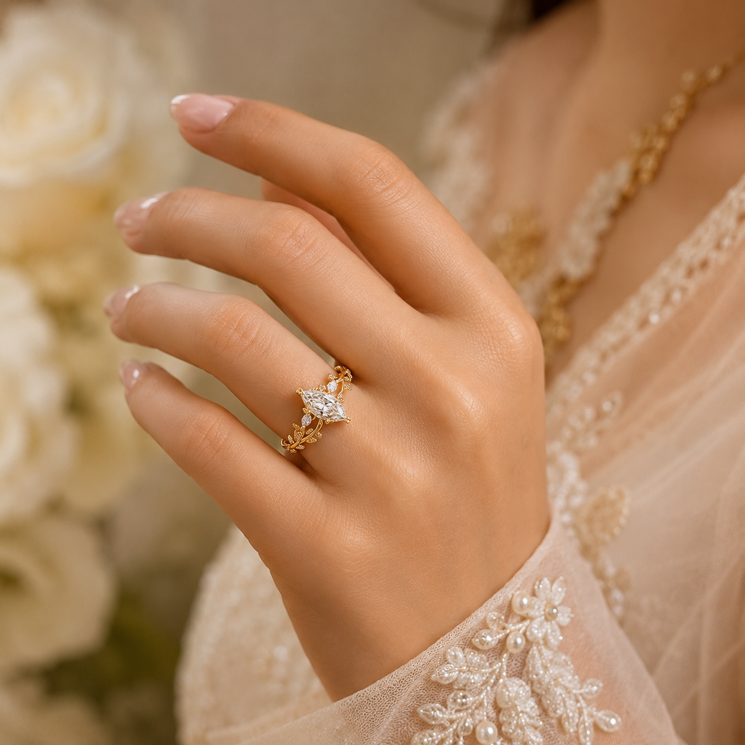 Nature Inspired Engagement Ring with Dutch Marquise Diamond in Yellow Gold