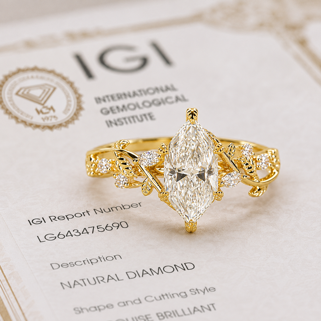 Nature Inspired Engagement Ring with Dutch Marquise Diamond in Yellow Gold