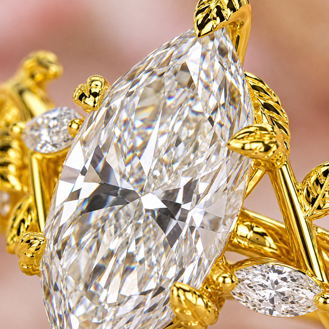 Nature Inspired Engagement Ring with Dutch Marquise Diamond in Yellow Gold