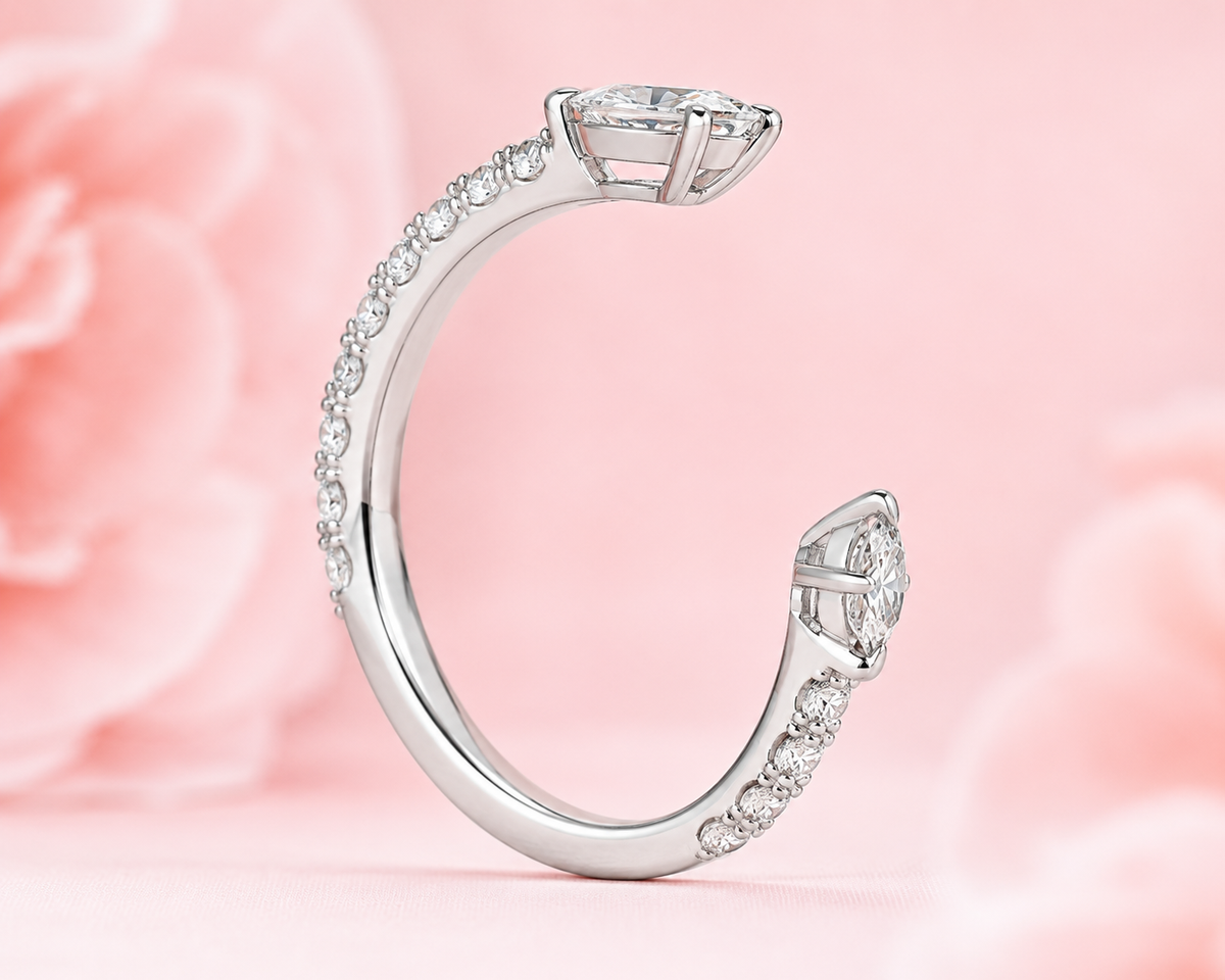 Open gap marquise and round lab grown diamond wedding band in white gold