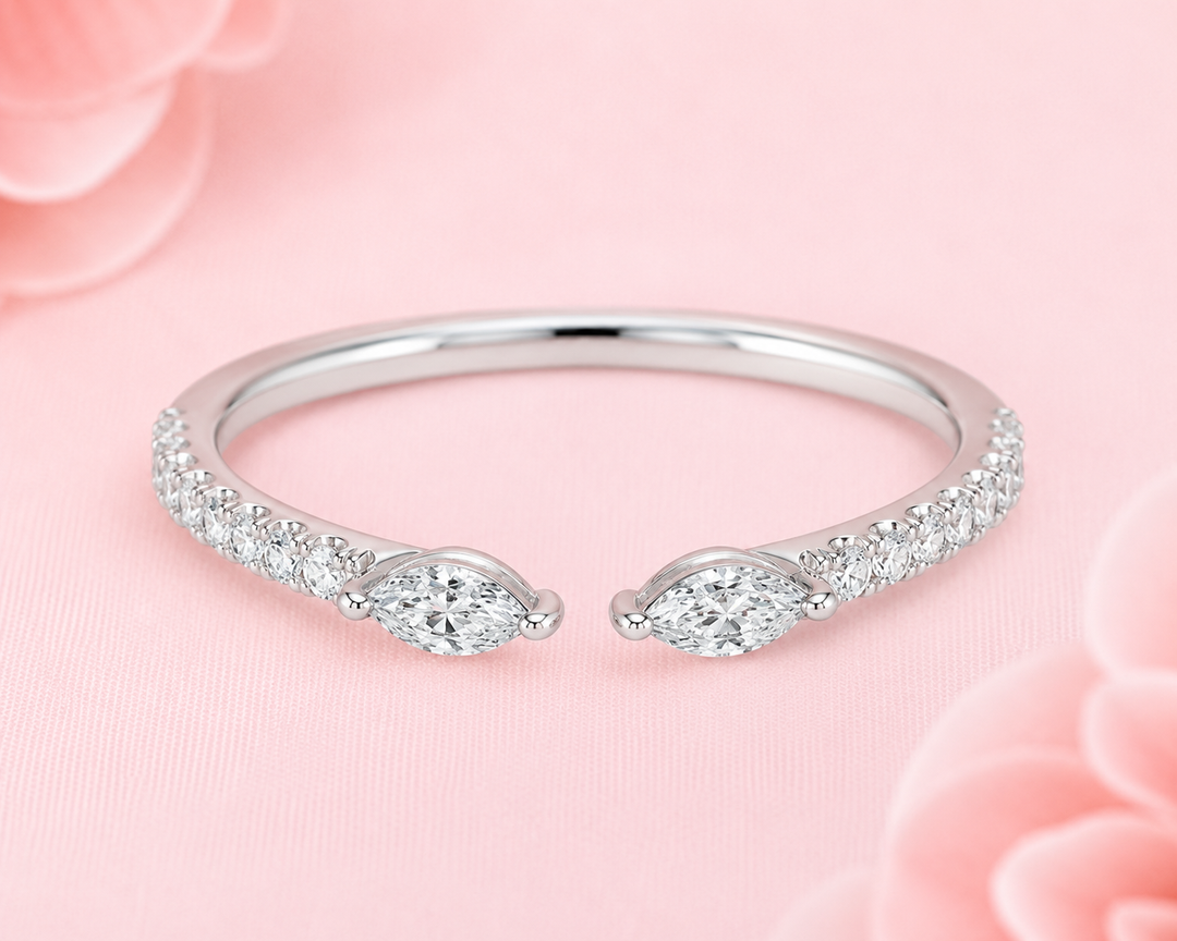 Open Gap Marquise and Round Lab Grown Diamond Wedding Band in 925 Sterling Silver