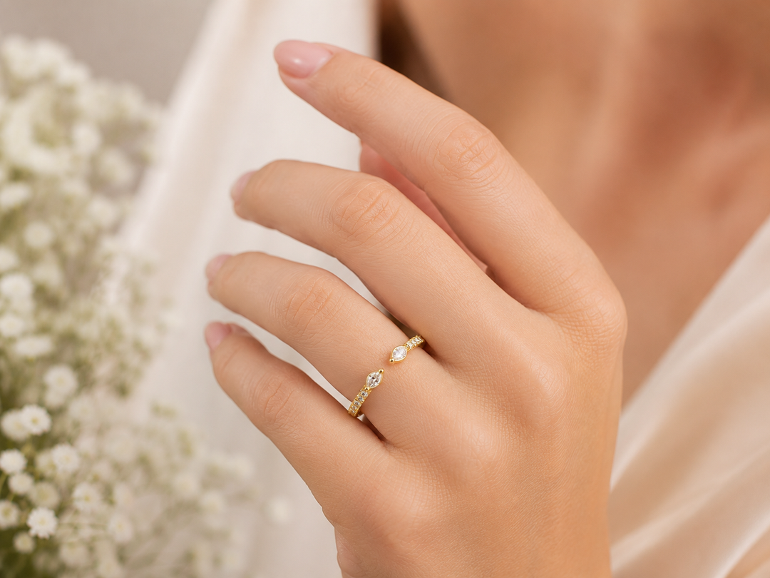 Open Gap Marquise and Round Lab Grown Diamond Wedding Band in Yellow Gold