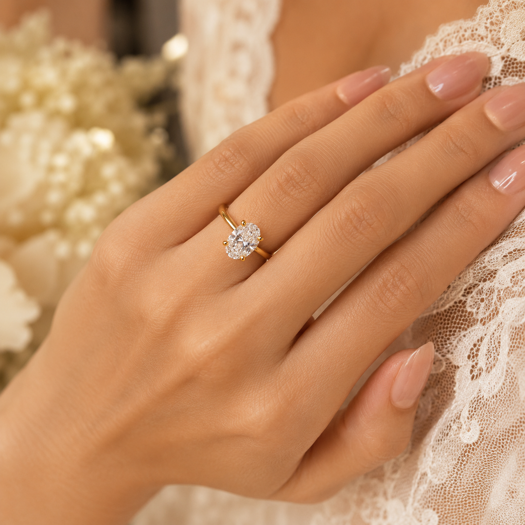 Oval Cut Lab Grown Diamond Solitaire Engagement Ring in Yellow Gold