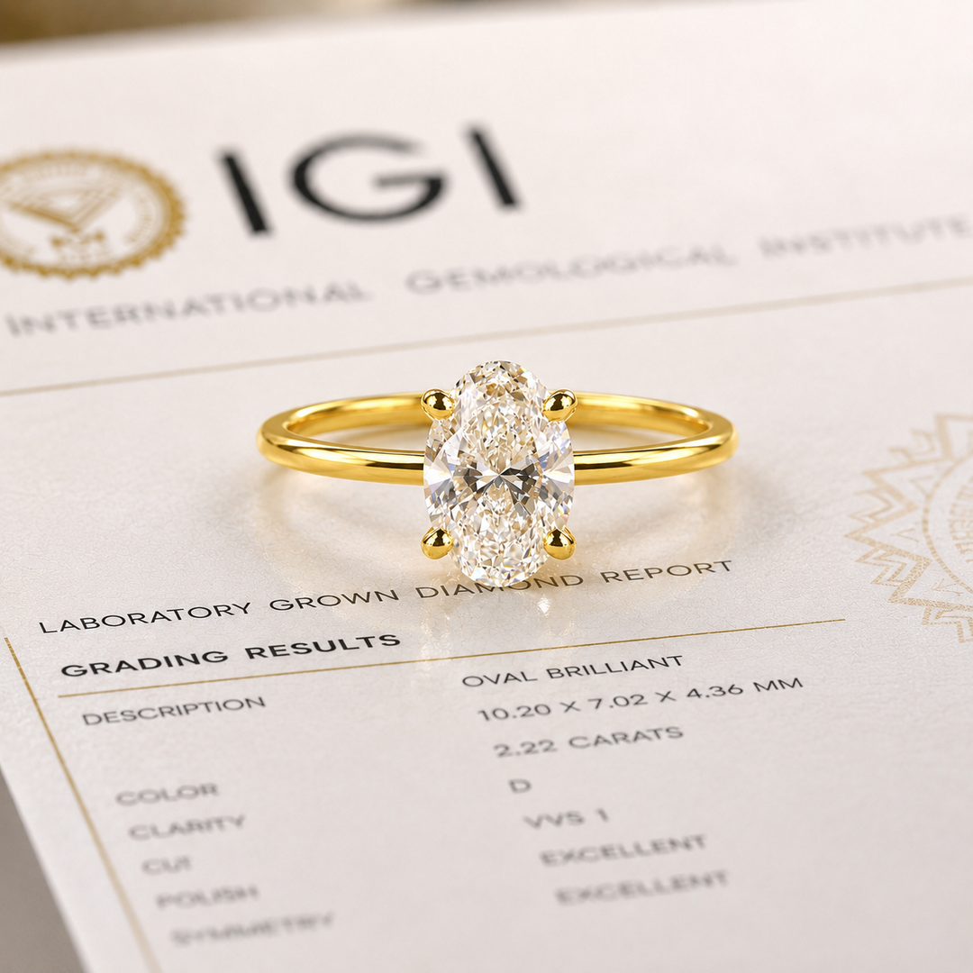 Oval Cut Lab Grown Diamond Solitaire Engagement Ring in Yellow Gold