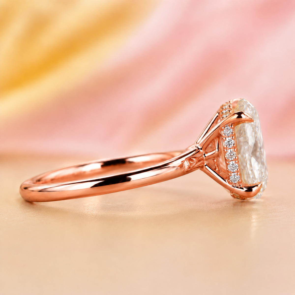 Oval lab grown diamond hidden halo engagement ring in rose gold