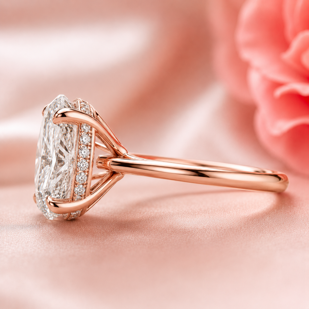 Oval Lab Grown Diamond Hidden Halo Engagement Ring in Rose Gold