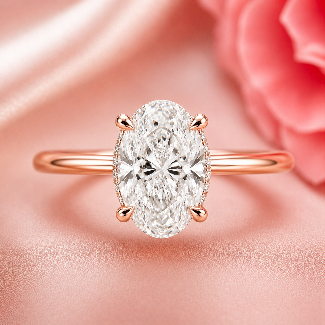 Oval Lab Grown Diamond Hidden Halo Engagement Ring in Rose Gold