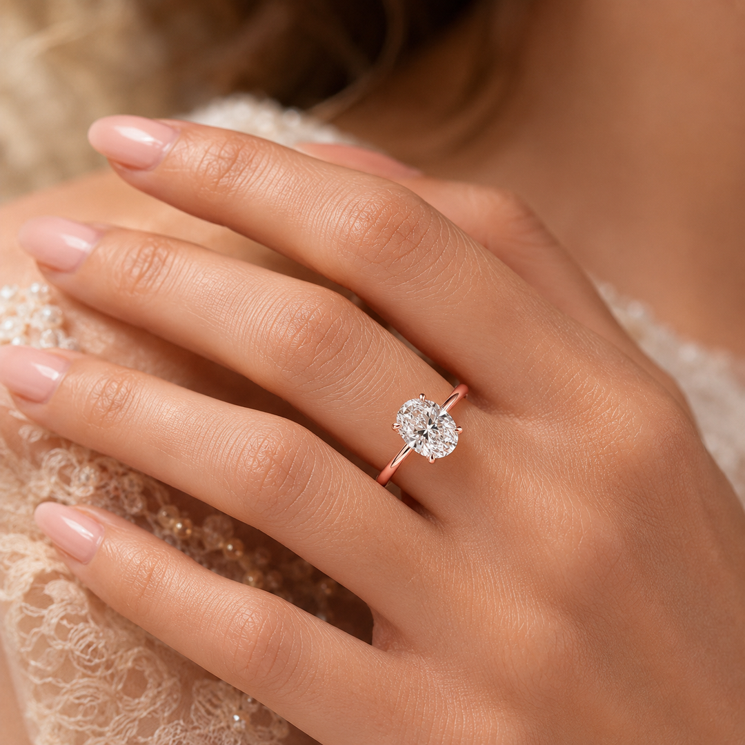 Oval Lab Grown Diamond Hidden Halo Engagement Ring in Rose Gold