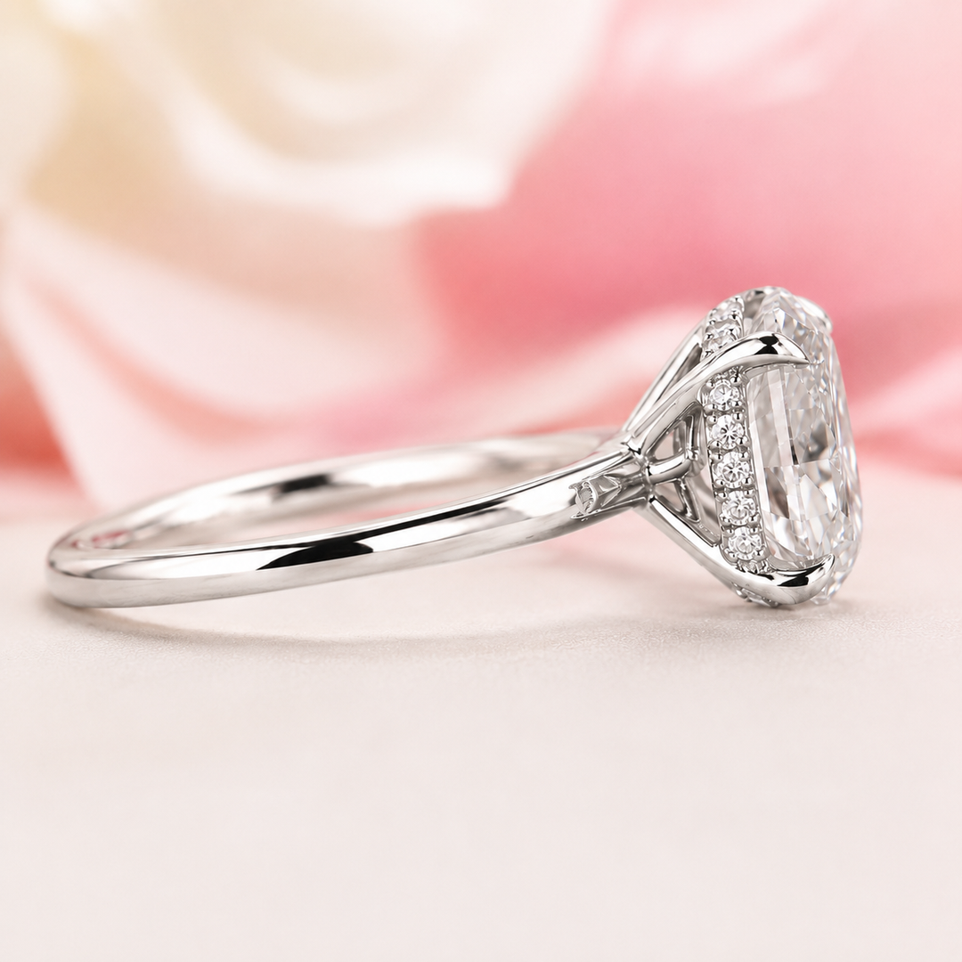 Oval Lab Grown Diamond Hidden Halo Engagement Ring in 925 Sterling Silver