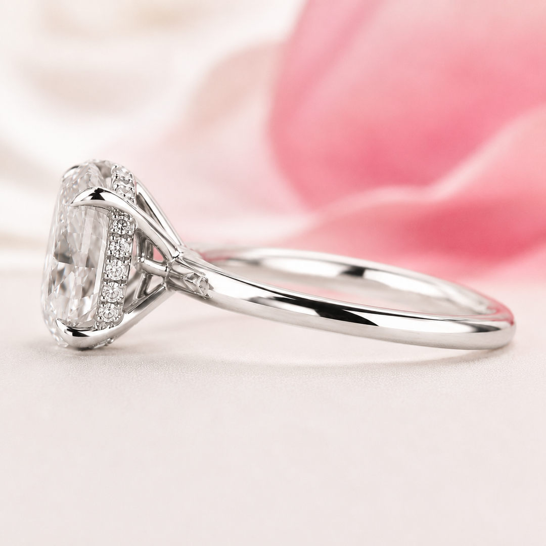 Oval Lab Grown Diamond Hidden Halo Engagement Ring in White Gold