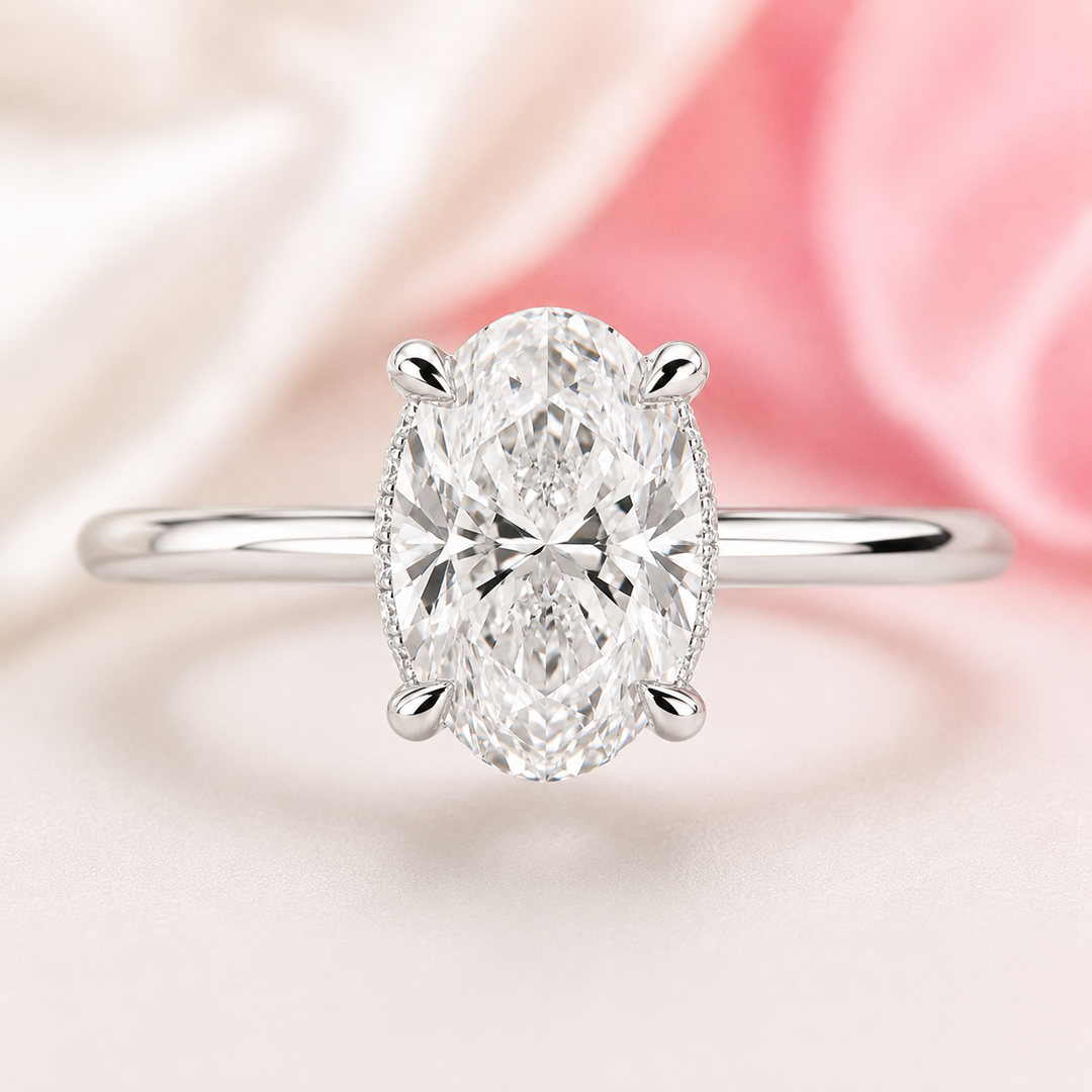 Oval Lab Grown Diamond Hidden Halo Engagement Ring in White Gold