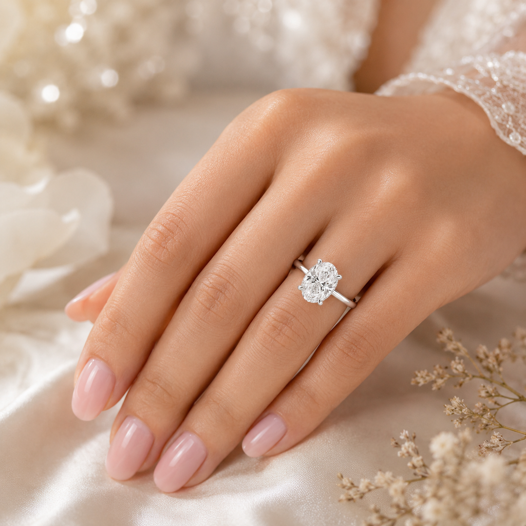Oval Lab Grown Diamond Hidden Halo Engagement Ring in 925 Sterling Silver