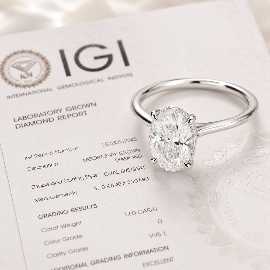 Oval Lab Grown Diamond Hidden Halo Engagement Ring in White Gold
