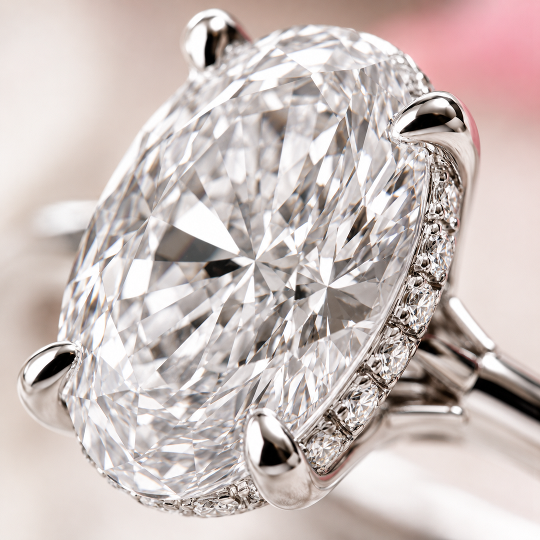 Oval Lab Grown Diamond Hidden Halo Engagement Ring in 925 Sterling Silver
