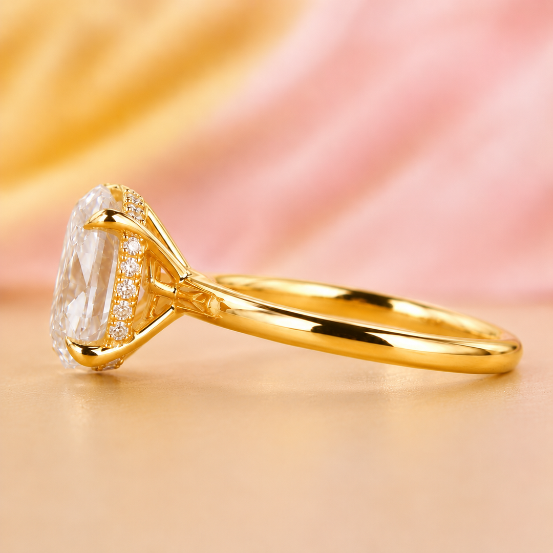 Oval Lab Grown Diamond Hidden Halo Engagement Ring in Yellow Gold