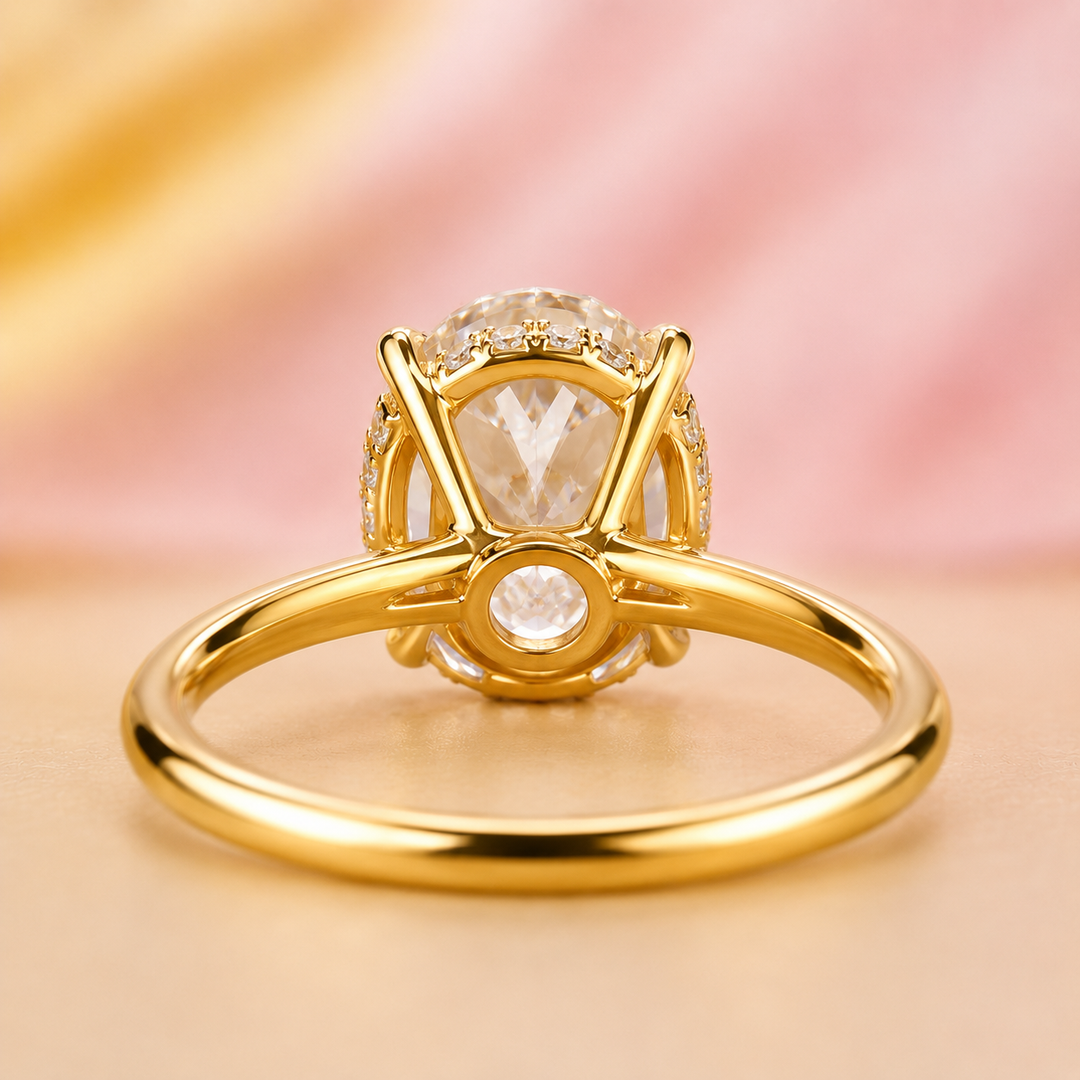 Oval Lab Grown Diamond Hidden Halo Engagement Ring in Yellow Gold