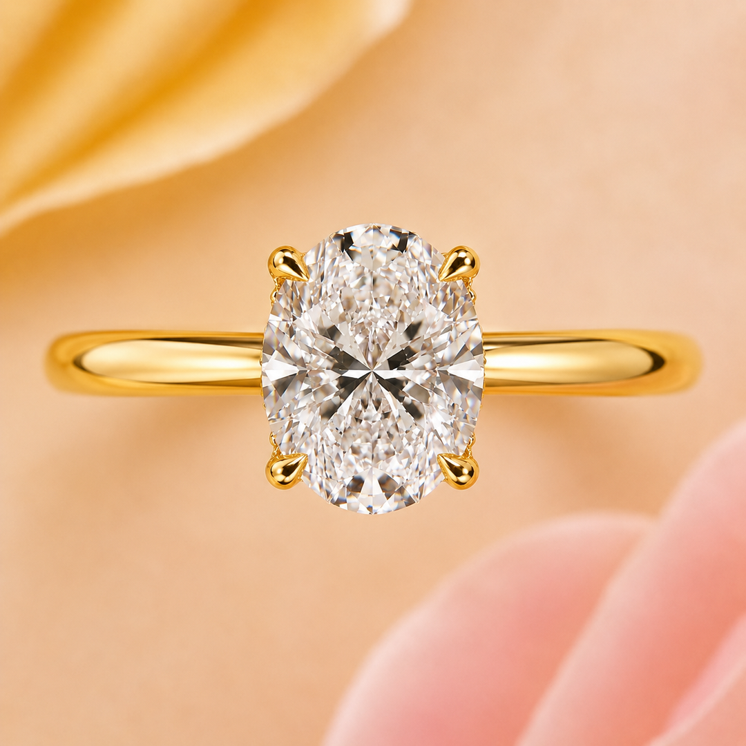 Oval Lab Grown Diamond Hidden Halo Engagement Ring in Yellow Gold