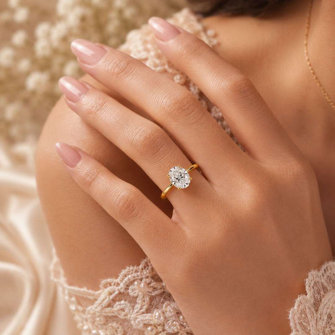 Oval Lab Grown Diamond Hidden Halo Engagement Ring in Yellow Gold