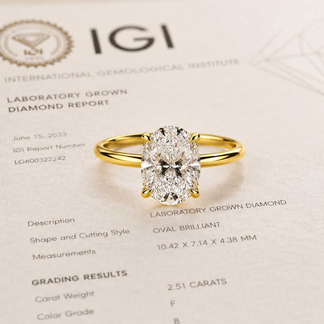 Oval Lab Grown Diamond Hidden Halo Engagement Ring in Yellow Gold