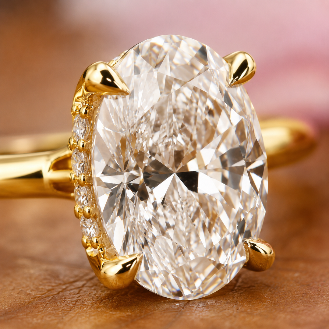 Oval Lab Grown Diamond Hidden Halo Engagement Ring in Yellow Gold